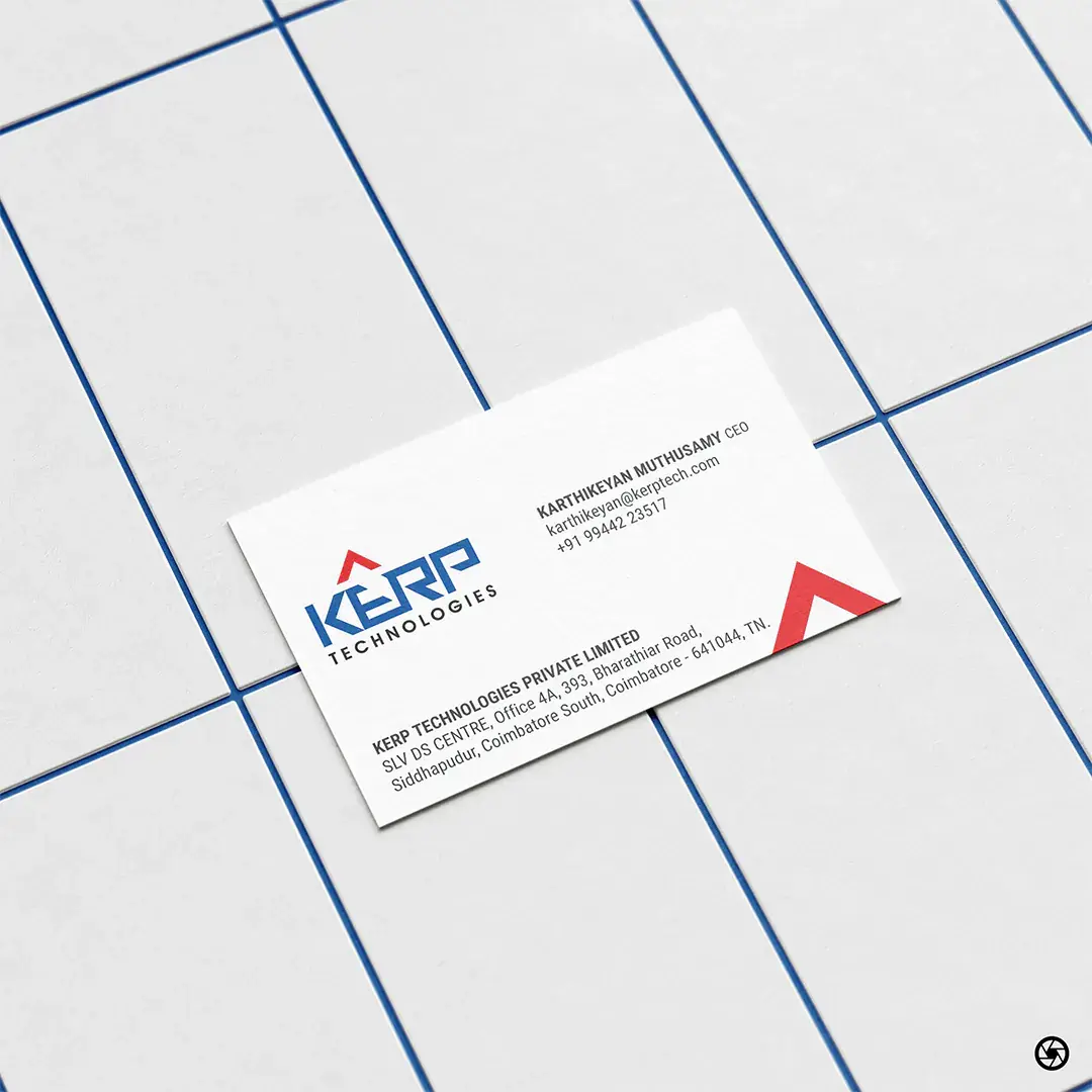 KERP business card, navy and red on white