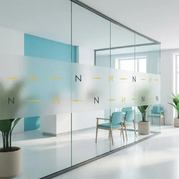 The Newton Clinic brand pattern as frosted graphics on a glass partition in the waiting area