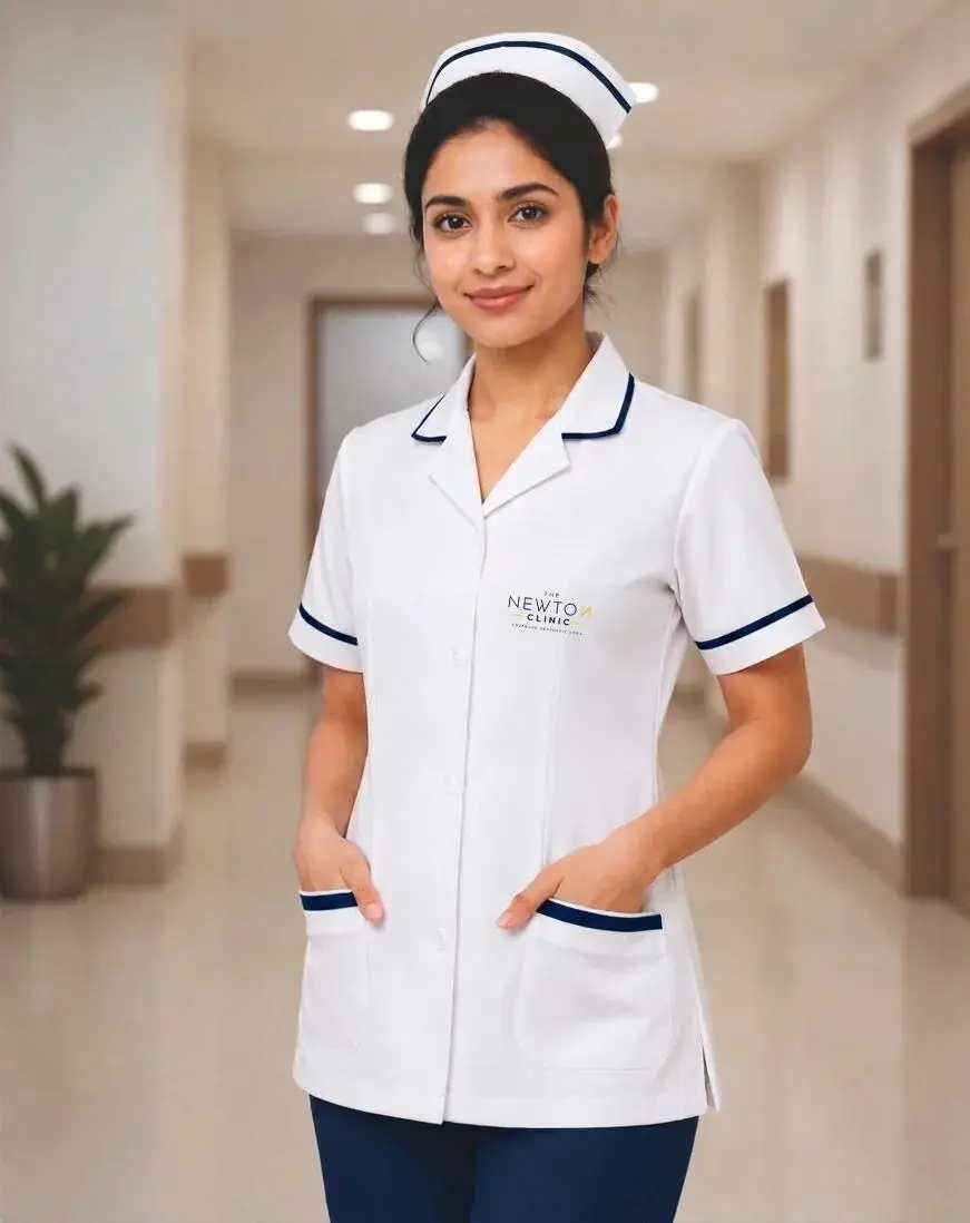 A Newton Clinic staff member in the branded uniform with the embroidered logo