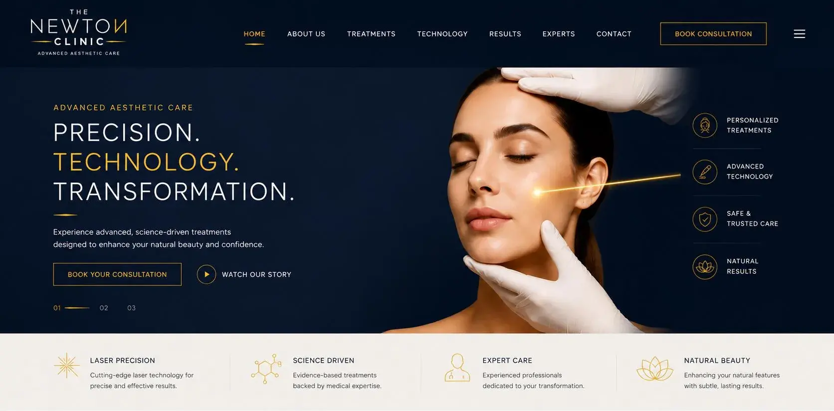 The Newton Clinic website, a navy hero with a laser-treatment image and the Precision Technology Transformation headline