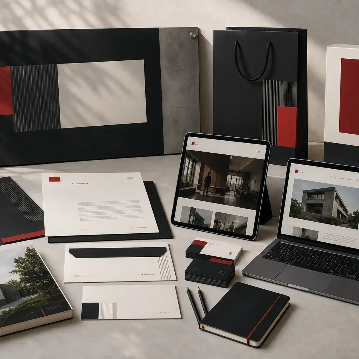 Collection of signage, stationery, business cards, website screens, and packaging working as one coherent identity system