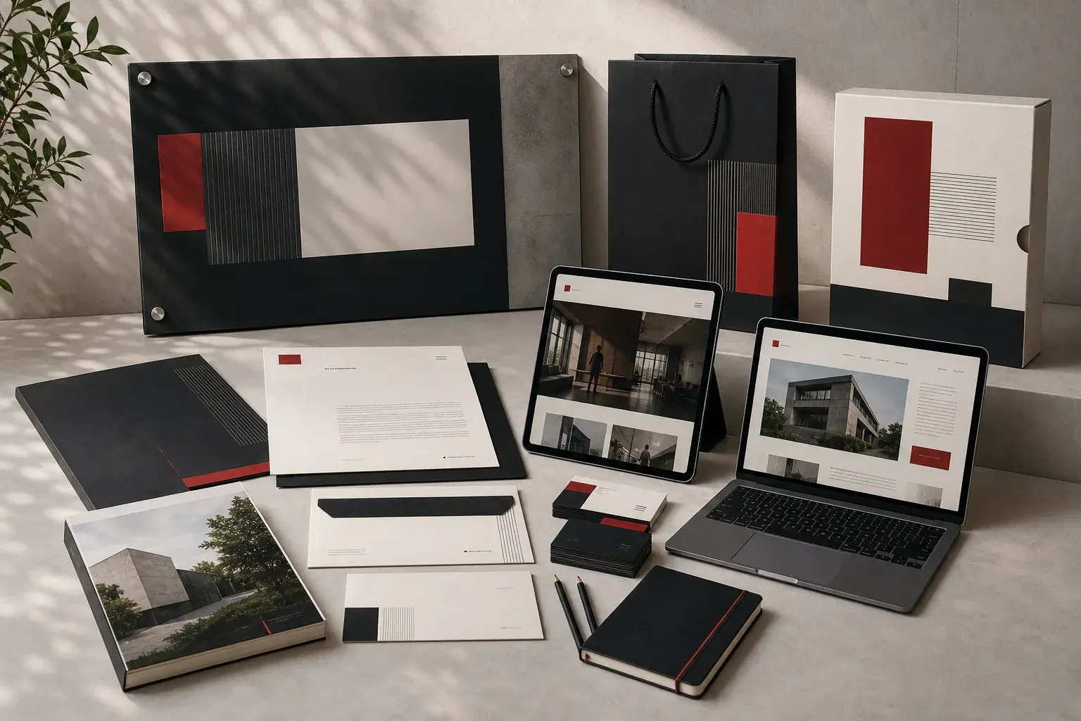 Collection of signage, stationery, business cards, website screens, and packaging working as one coherent identity system