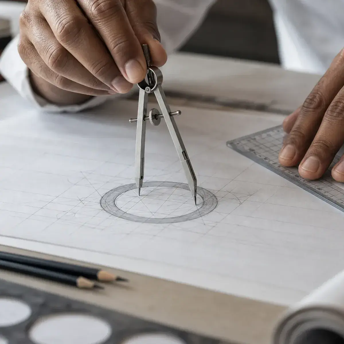 Close-up of precise logo construction work drawn with ruler, compass, and pencil on white paper