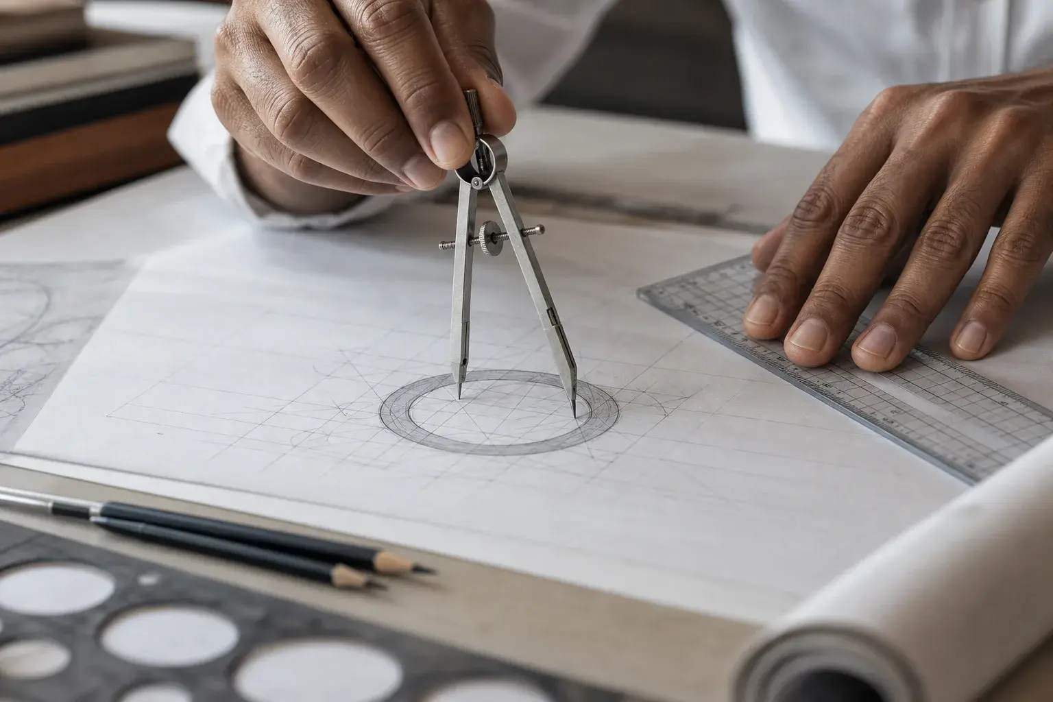 Close-up of precise logo construction work drawn with ruler, compass, and pencil on white paper