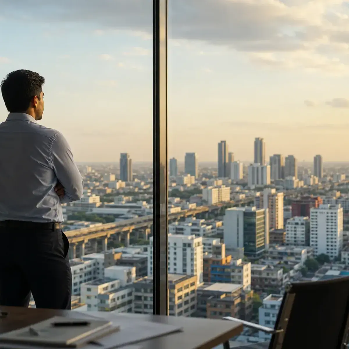 Startup founder looking at a large city skyline through office glass, suggesting long-term ambition and future growth