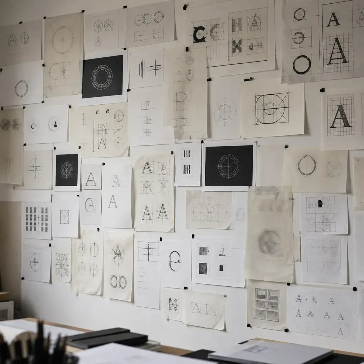 Wall of brand identity sketches, typographic studies, spacing diagrams, and logo explorations in a design studio