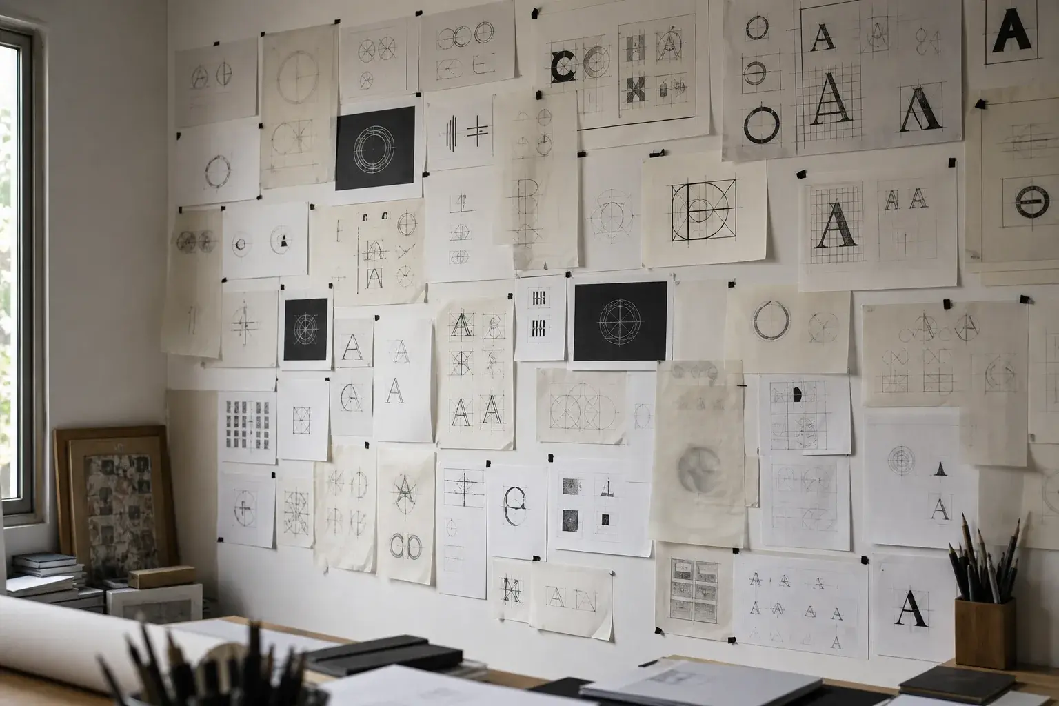 Wall of brand identity sketches, typographic studies, spacing diagrams, and logo explorations in a design studio