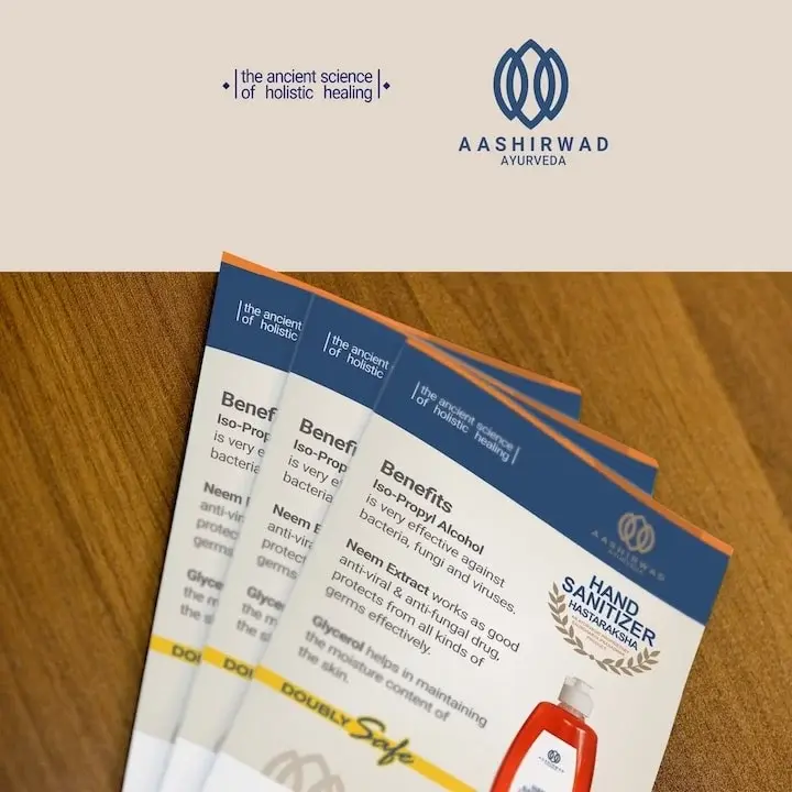 Aashirwad Ayurveda - Hastaraksha hand sanitizer product information leaflet, fanned out to show benefits panel