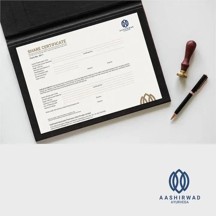 Aashirwad Ayurveda Pharmacy India Private Limited - share certificate (Form SH-1) in presentation folder with company seal and pen