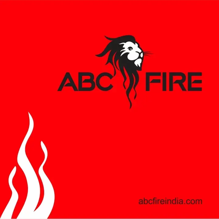 ABC Fire - lion head mark integrated with ABC FIRE wordmark on full red, white flame motif at lower left