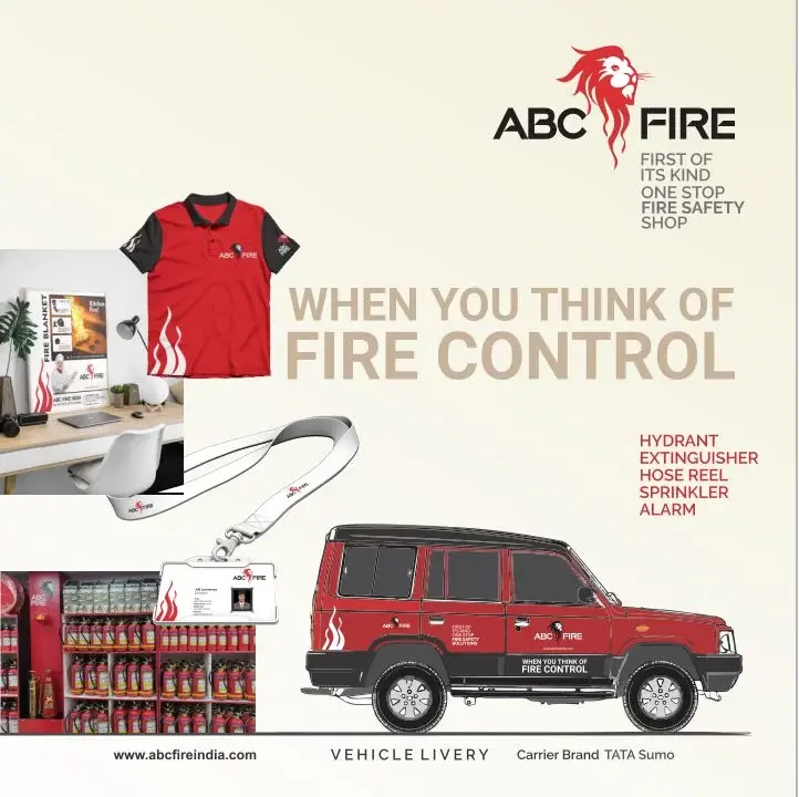 ABC Fire - brand overview showing the red mark, polo shirt, ID card and lanyard, store shelf with extinguishers, and vehicle livery for a TATA Sumo