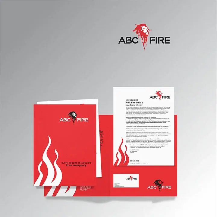 ABC Fire - red presentation folder with white flame pattern and brand intro letter inside, 'every second is valuable in an emergency'