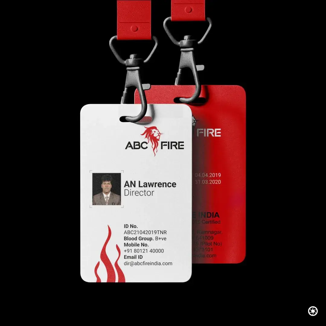 ABC Fire - staff ID card front and reverse, showing photo, name, designation, ID No., blood group, mobile and email on the face, and company details on the reverse