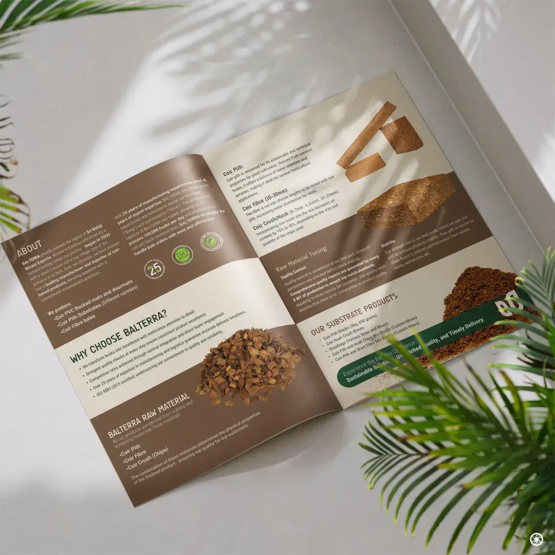 Balterra — brochure inner spread showing product range across coir mats, substrates, and fibre bales