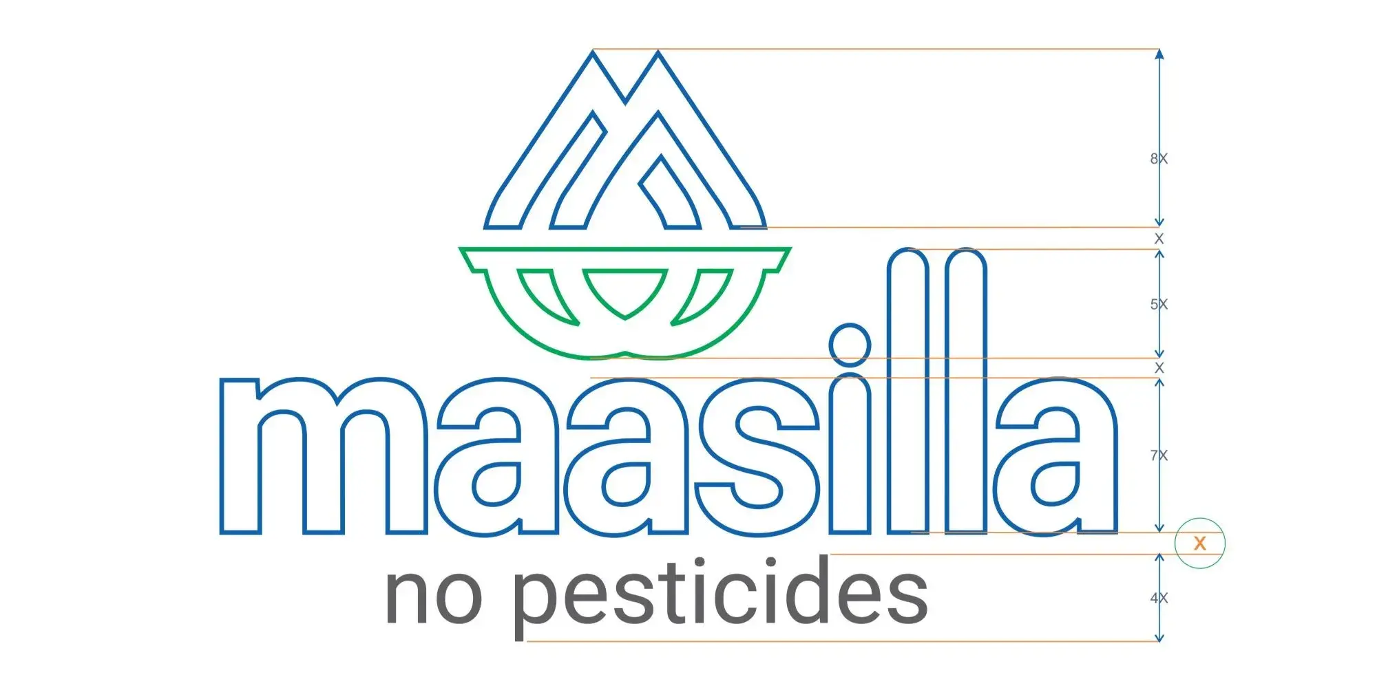 Maasilla logo construction diagram showing the X-unit grid behind the monogram and wordmark