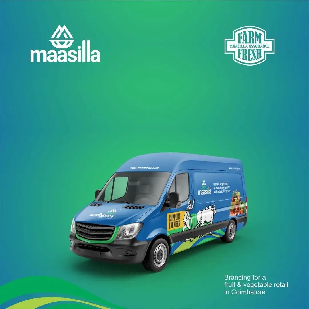 Maasilla van in a full brand wrap with the Support Farmers illustration and bilingual wordmark