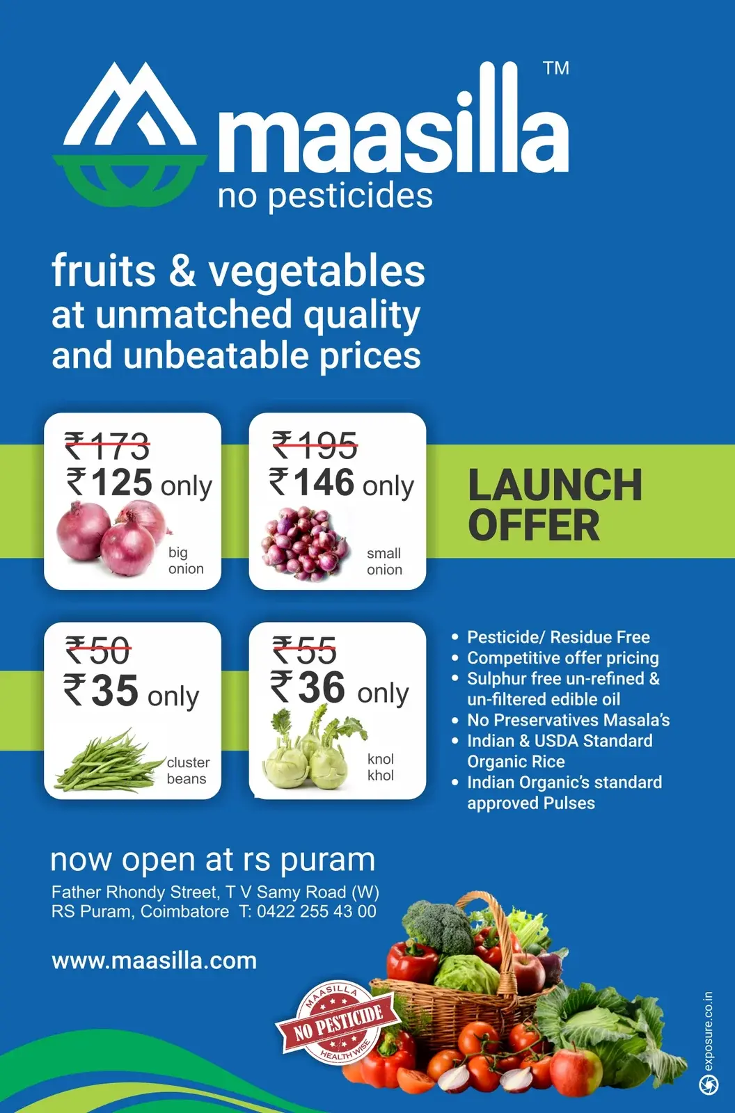Maasilla launch advertisement - intro pricing on big onion, small onion, cluster beans, knol khol
