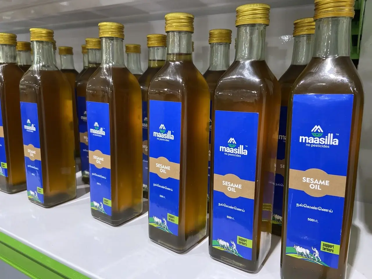 Maasilla sesame oil - 500ml glass bottle on retail shelf