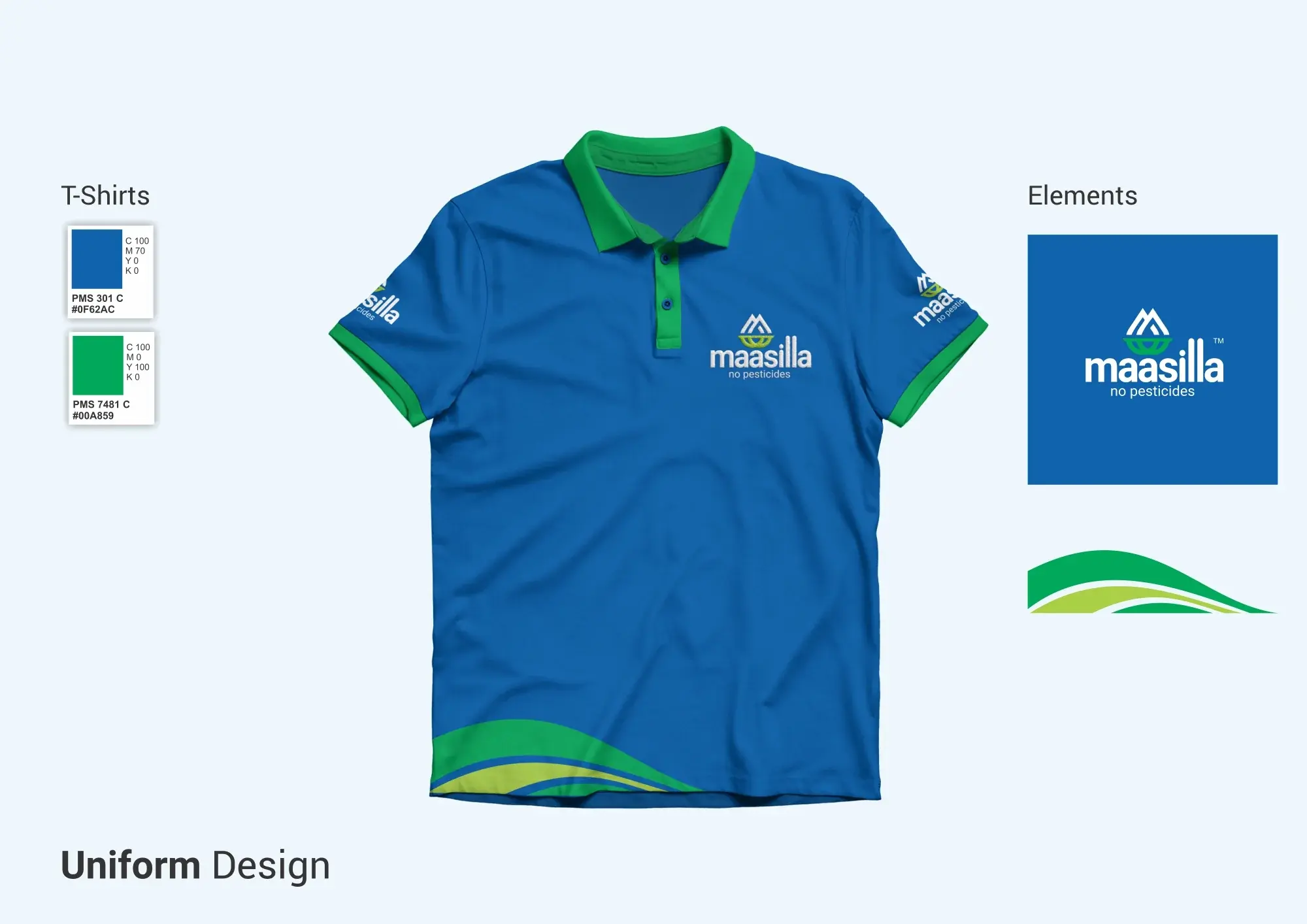 Maasilla staff polo - blue body with green collar and cuff, brand mark embroidered on the chest, PMS colour swatches shown alongside