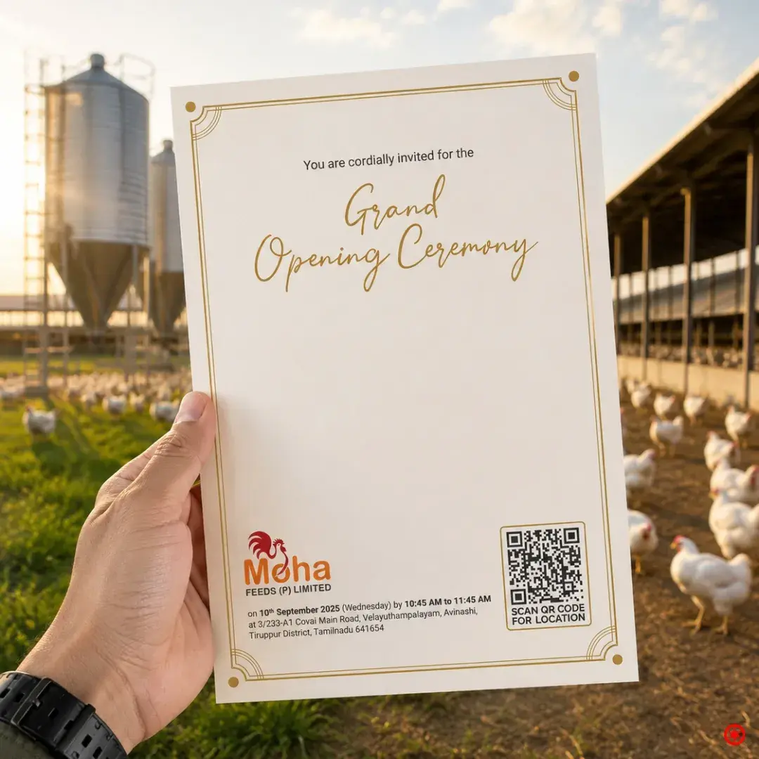 MOHA Feeds grand opening invitation held at the farm - gold-framed cover reading Grand Opening Ceremony, with feed silos and poultry behind