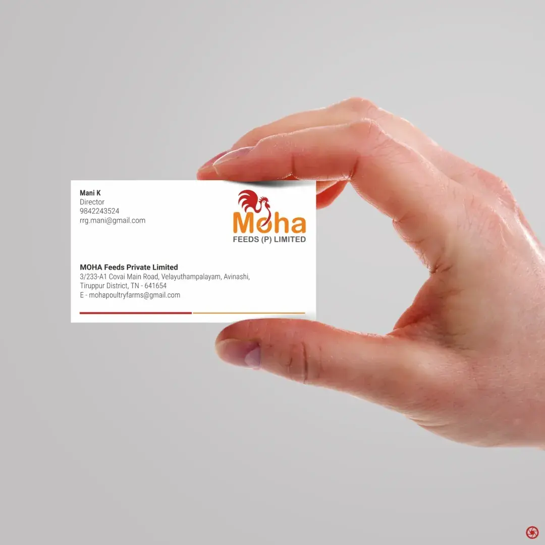 MOHA Feeds business card front - director's card with the rooster mark and the sweep rule along the foot