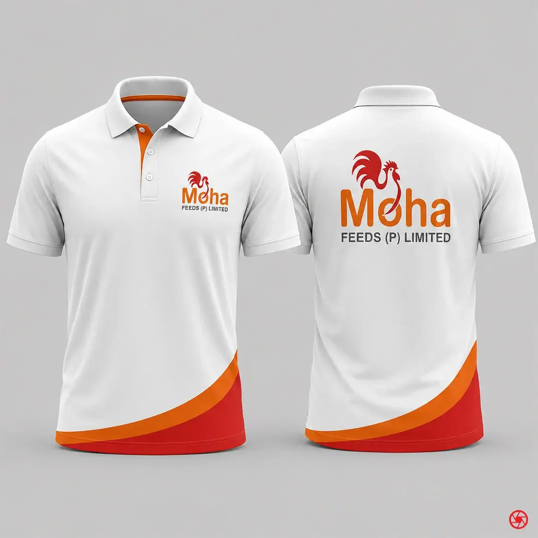MOHA Feeds polo shirts - front with chest mark, back with the full rooster lockup, on the brand red and orange sweep