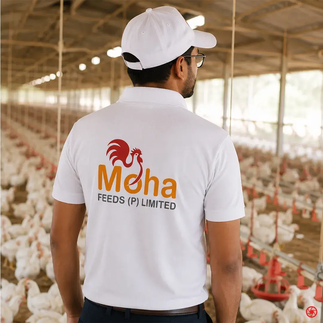 MOHA Feeds staff uniform worn inside a poultry house - white polo with the rooster mark across the back and a branded cap