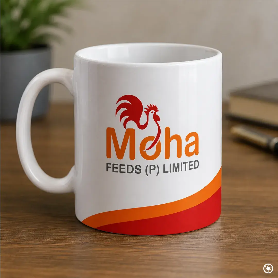 MOHA Feeds branded mug - rooster mark and sweep curve on a white ceramic mug