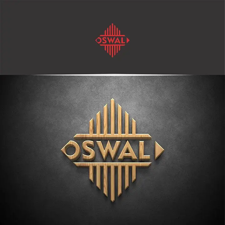 Oswal Granites & Tiles - mark shown in flat red on dark grey (top) and 3D wood-textured embossed treatment on textured stone surface (bottom)