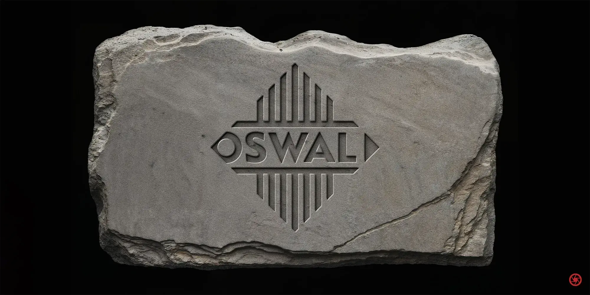 Oswal Granites & Tiles - brand mark engraved into a natural granite slab on black background