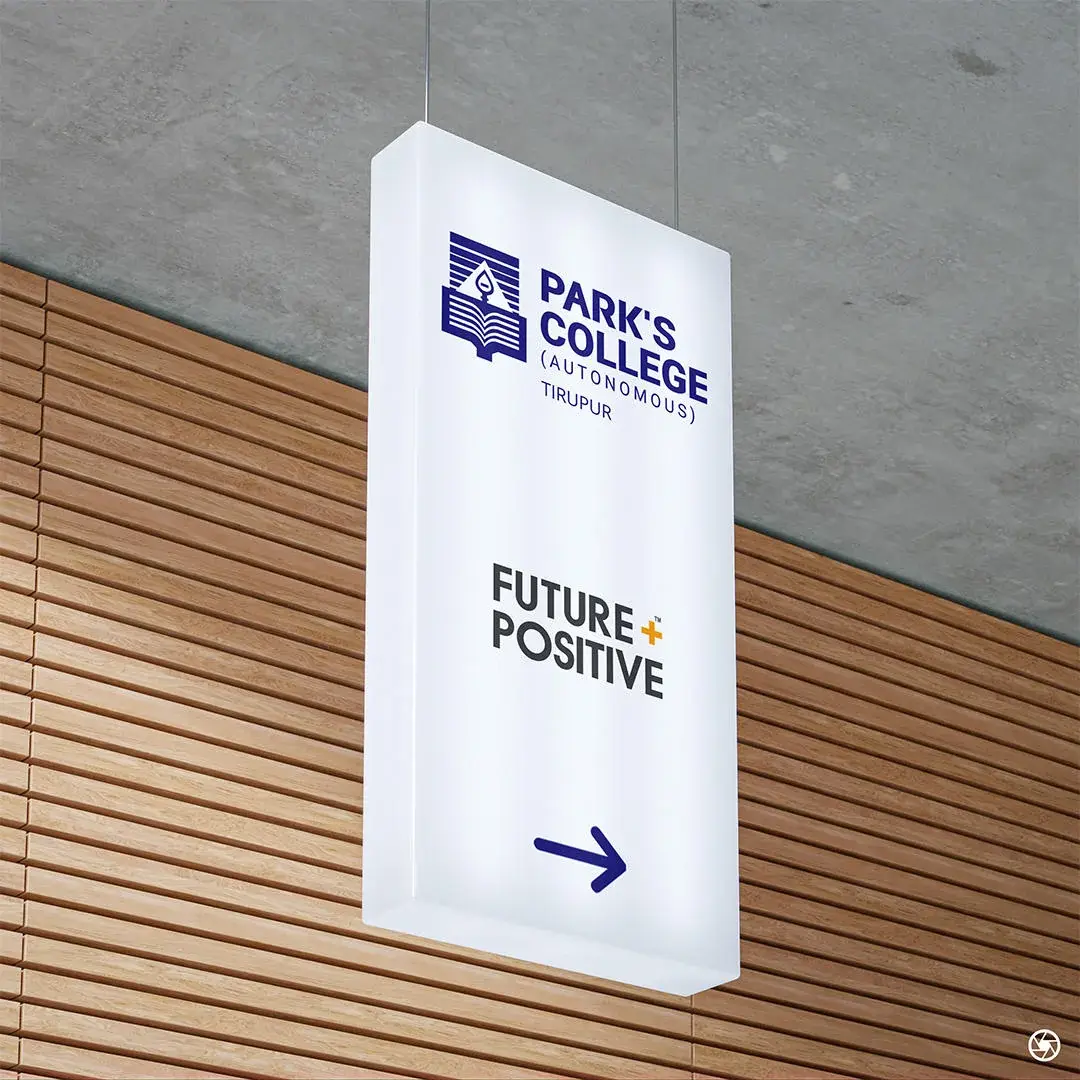 Park's College wordmark and crest mounted as a dimensional sign in institutional purple