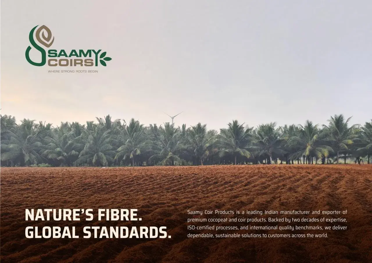 Saamy Coirs brand guide cover — 'Nature's Fibre. Global Standards.' with coconut field photography