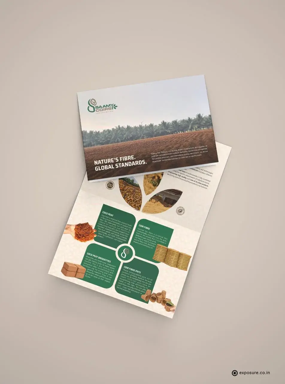Saamy Coirs brochure — second folded mockup angle