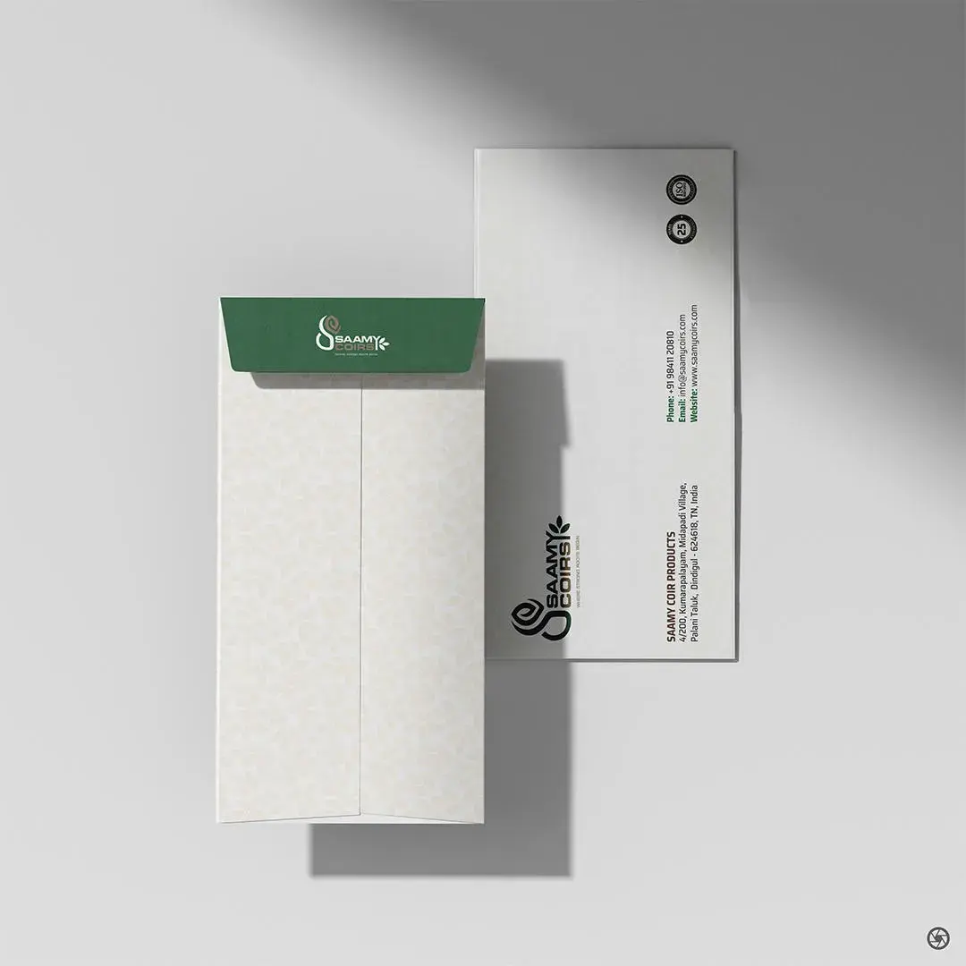 Saamy Coirs branded envelope with forest green flap