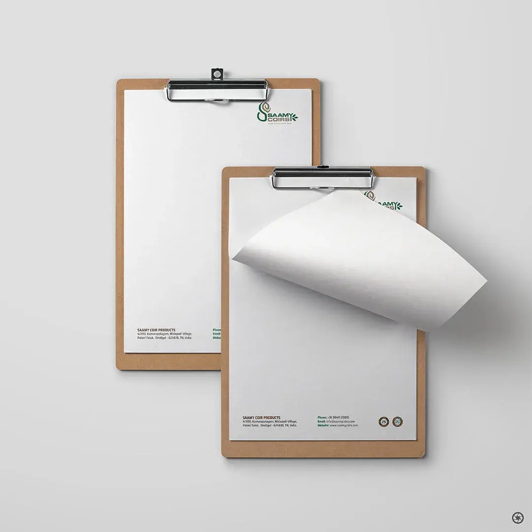 Saamy Coirs letterhead — forest green header with mark and 25-year badges at footer