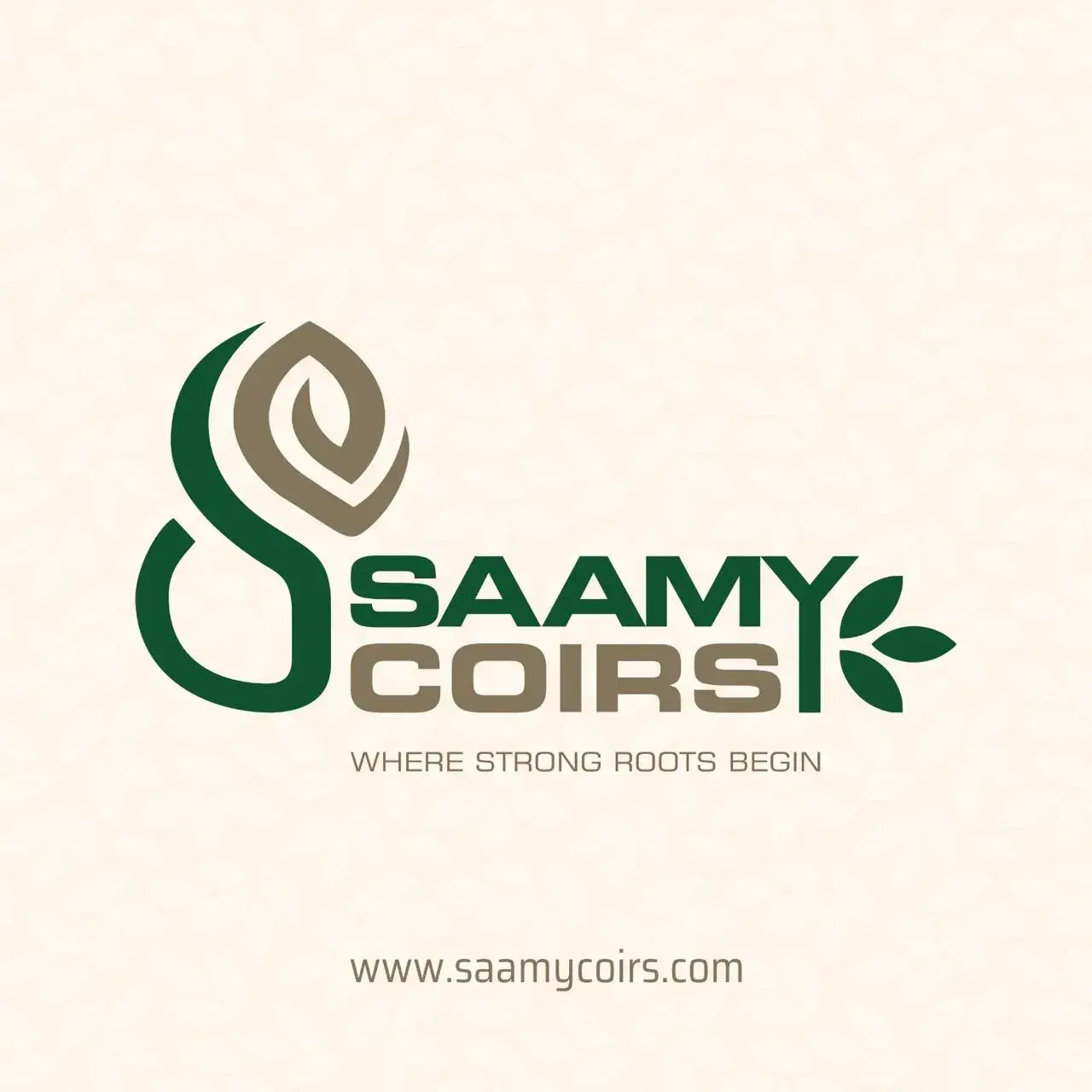 Saamy Coirs wordmark and S-mark — clean version on cream background, showing the coiled coir fibre letterform and leaf cluster
