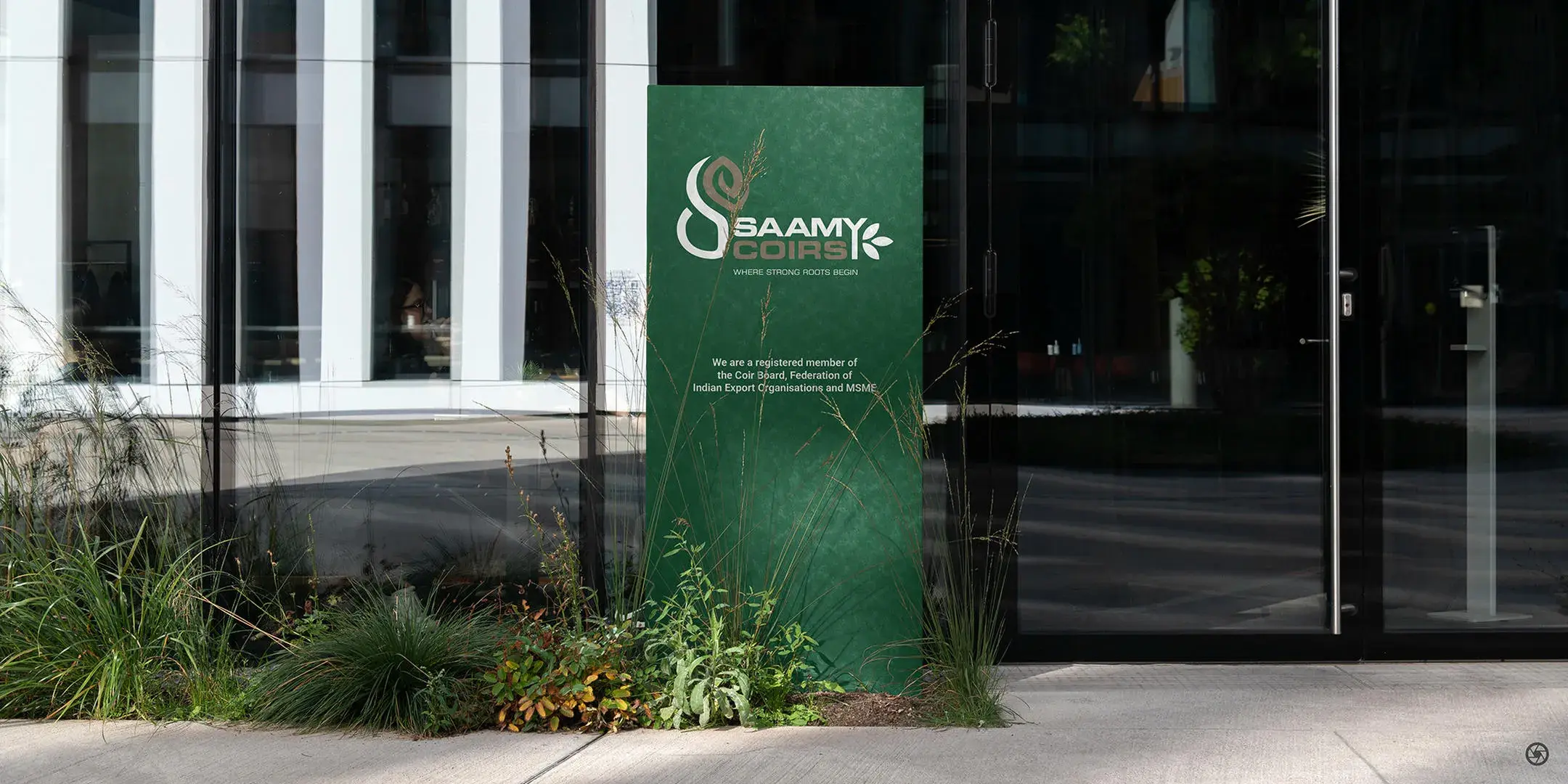 Saamy Coirs exterior sign board — brand identity applied at scale, Kumarapalayam, Dindigul