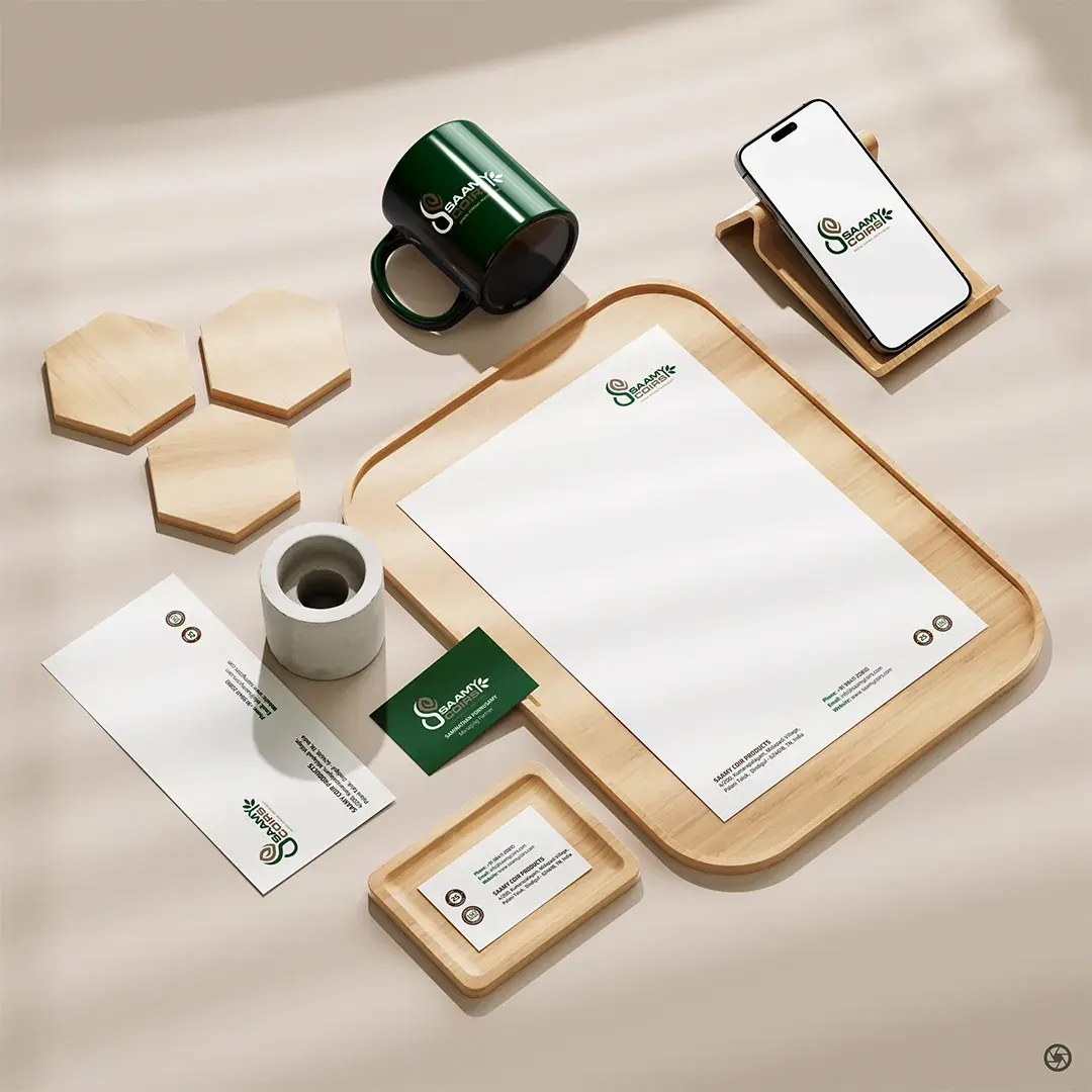Saamy Coirs full stationery system — letterhead, business card, mug, and envelope on natural surface