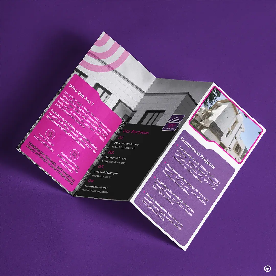 Universe Constructions - tri-fold brochure laid open on purple ground showing 'Who We Are', 'Our Services' (01 Residential Marvels · 02 Commercial Icons · 03 Industrial Strength · 04 Tailored Excellence), and 'Completed Projects' with a residential build photograph