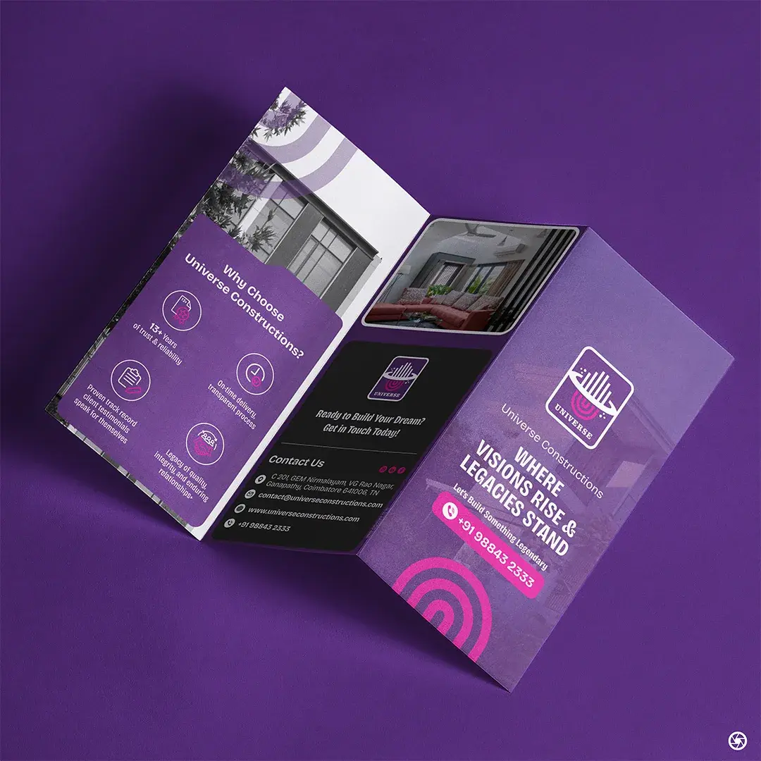Universe Constructions - tri-fold brochure fully open, showing 'Why Choose Universe Constructions?' panel and the hero 'Where Visions Rise & Legacies Stand' face