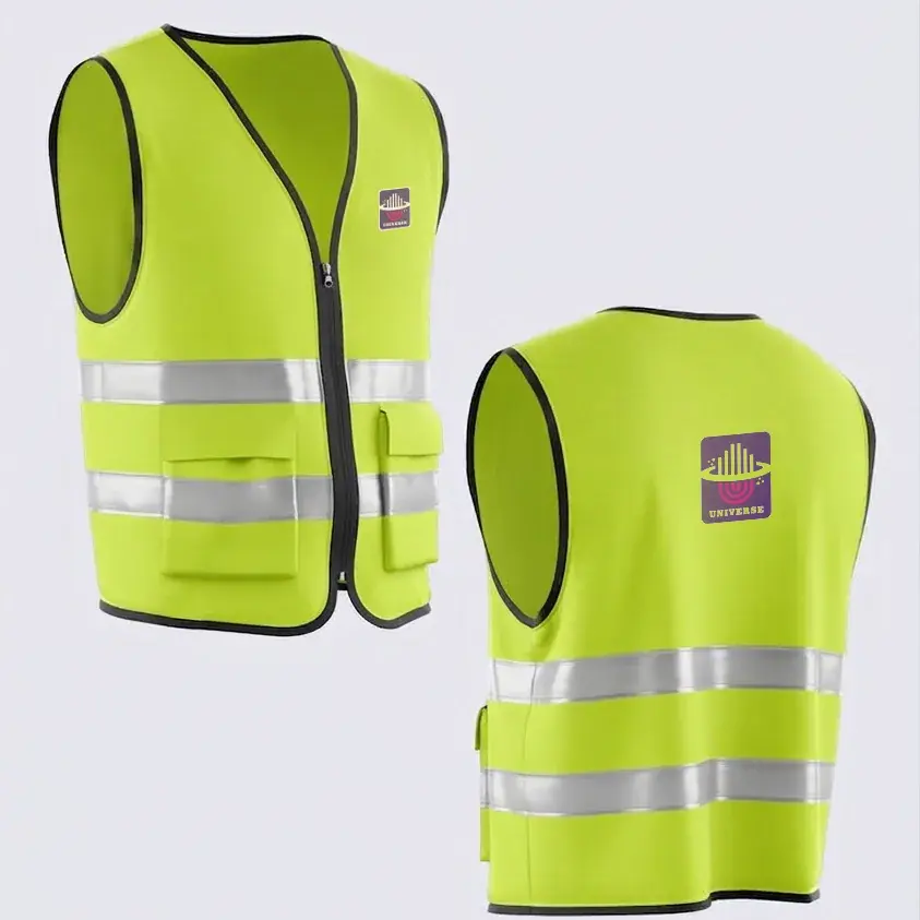 Universe Constructions - hi-vis yellow safety vest, front view with brand decal on chest pocket and back view with the full mark printed between the shoulder blades